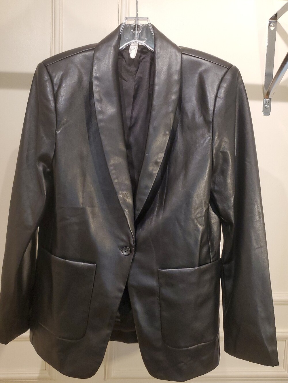 Elan Women's Single Button Black Blazer Jacket Faux Leather Size Medium